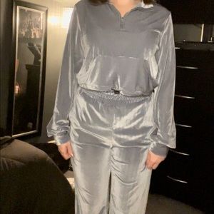 Fashion Nova shiny gray matching track suit